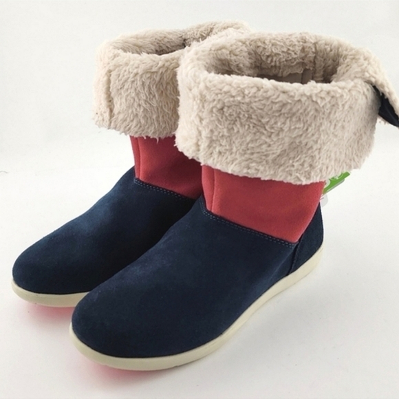 Crocs Adela Women's Foldover Fuzz  Leather Boots Pink Poppy Stucco Navy Size 6 - Picture 10 of 15